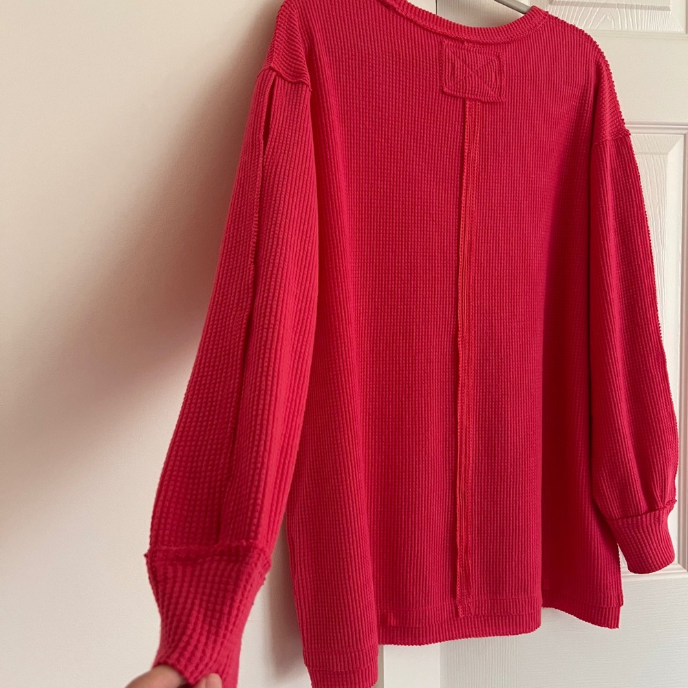 We The Free Free People Hot Pink Waffle Knit Thermal V-Neck Top XS/TP - Picture 5 of 6